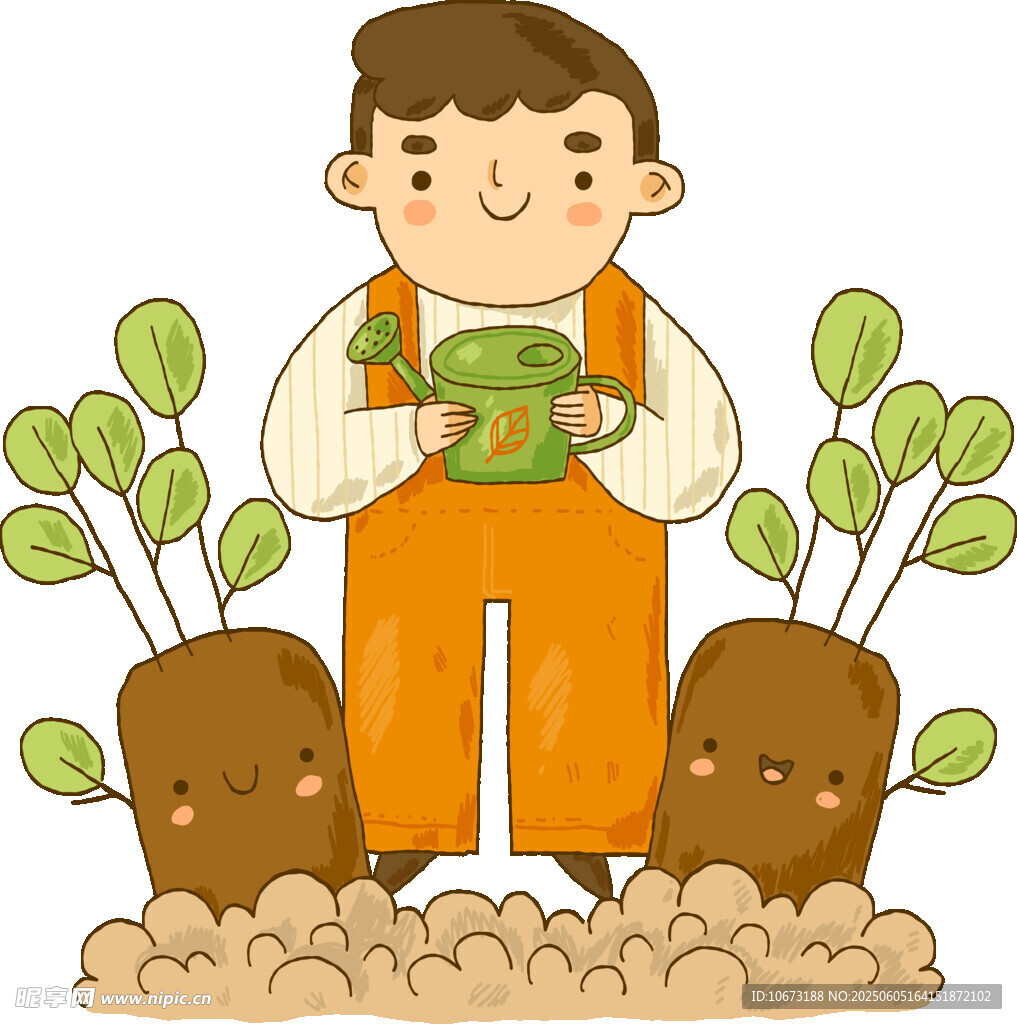 男孩开心种植绿植