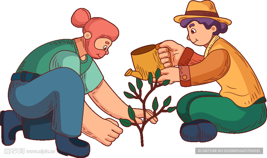 两人齐心共植小树苗