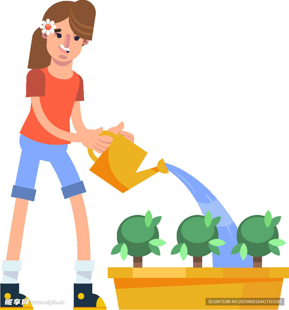 女孩给盆栽植物浇水