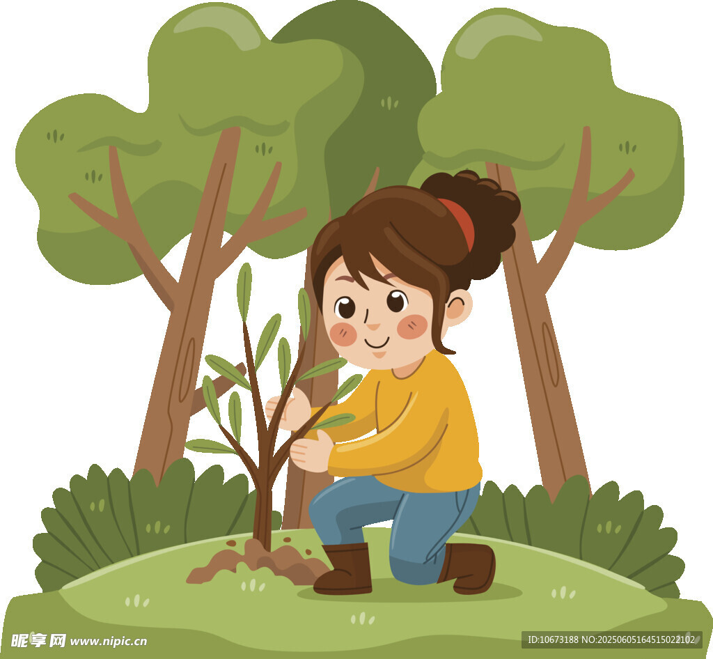 女孩开心植树场景