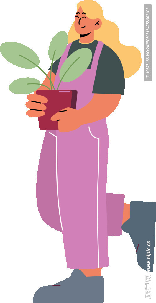 女子手持绿植开心行走