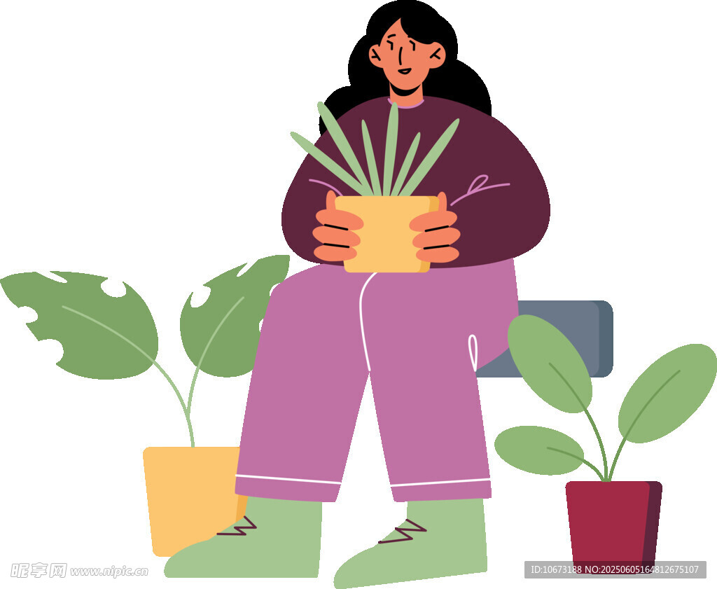 女子惬意抱绿植坐于花丛中