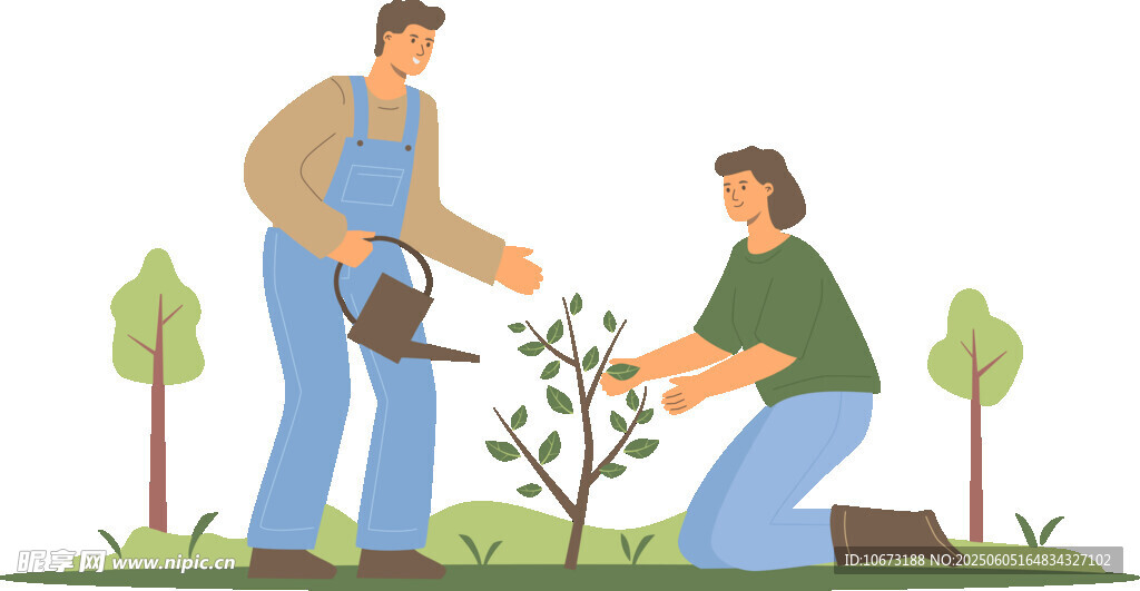 两人携手共植小树苗