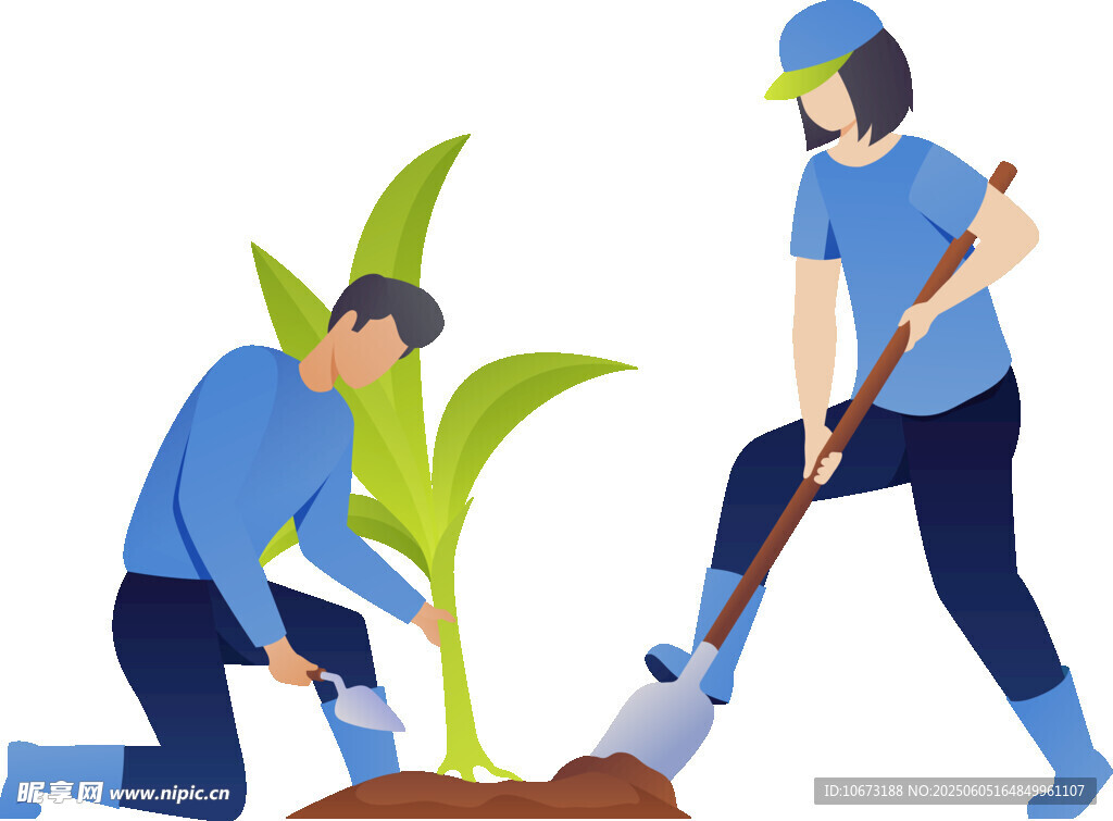 两人协作愉快植树场景