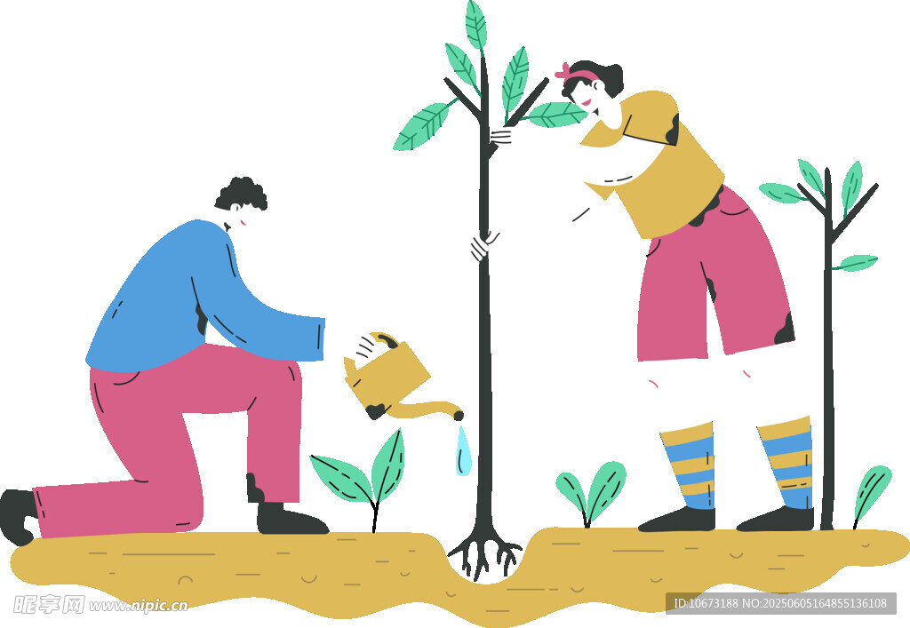两人愉快共植小树苗