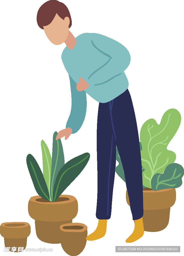 男子专注照料盆栽植物