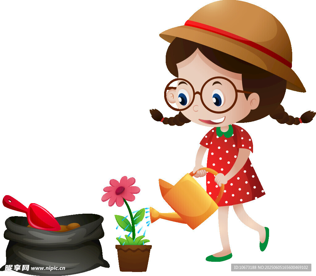 女孩开心浇花的温馨场景