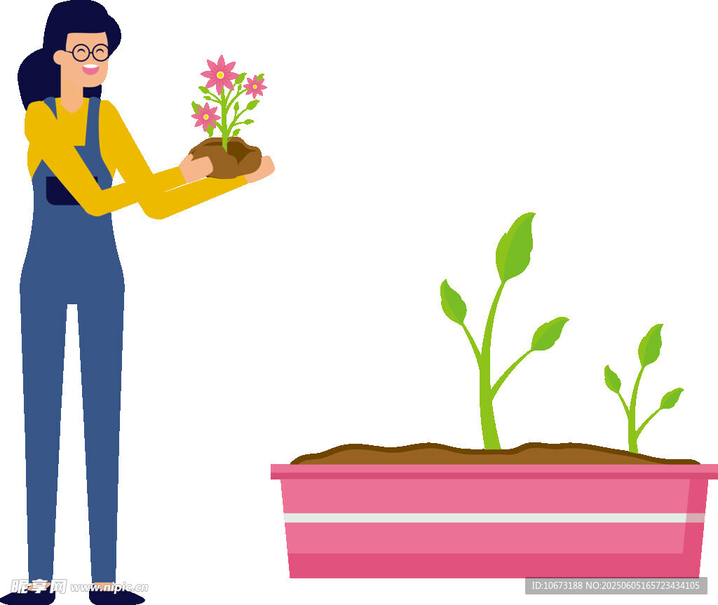 女子栽种绿植于花盆中
