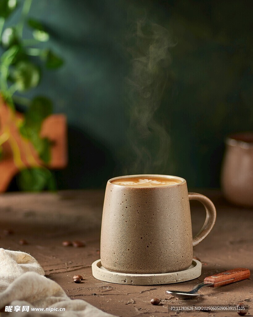 木质桌上的热咖啡杯