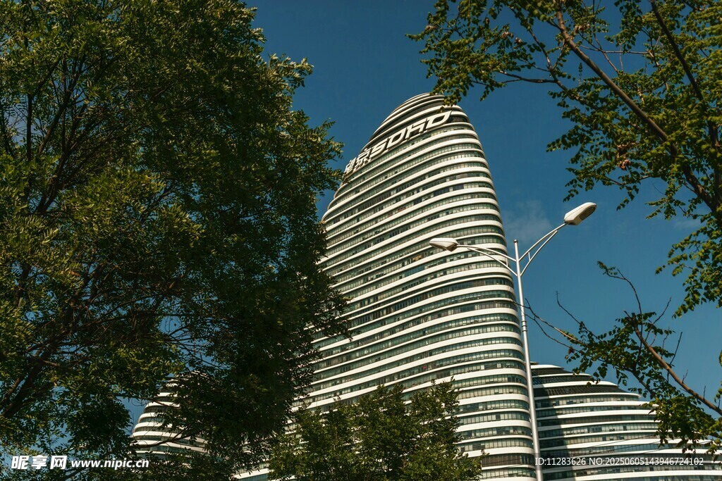 高楼耸立绿树间