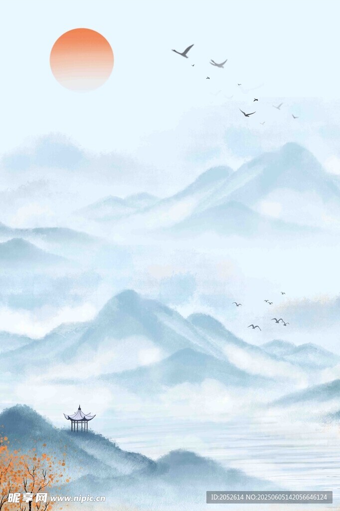 水墨山水间的日出飞鸟景