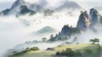 水墨山水间的日出飞鸟景