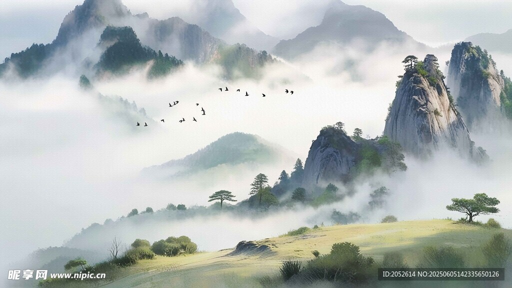 水墨山水间的日出飞鸟景