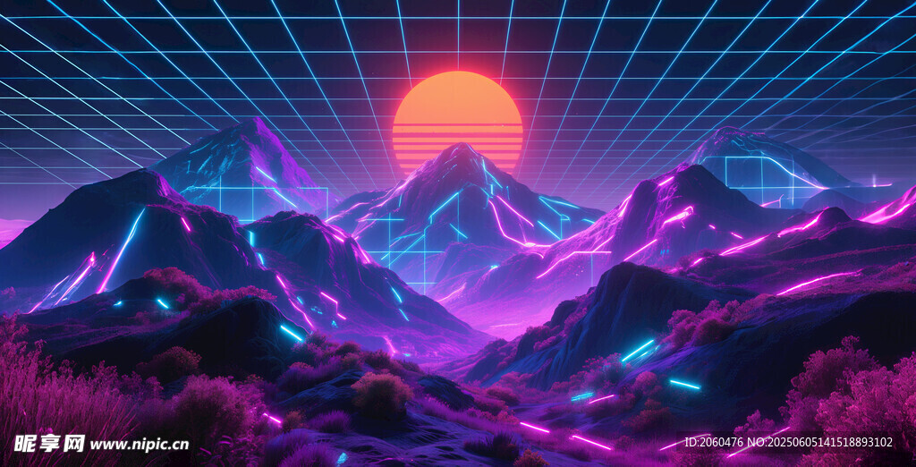 梦幻霓虹山脉日落景观