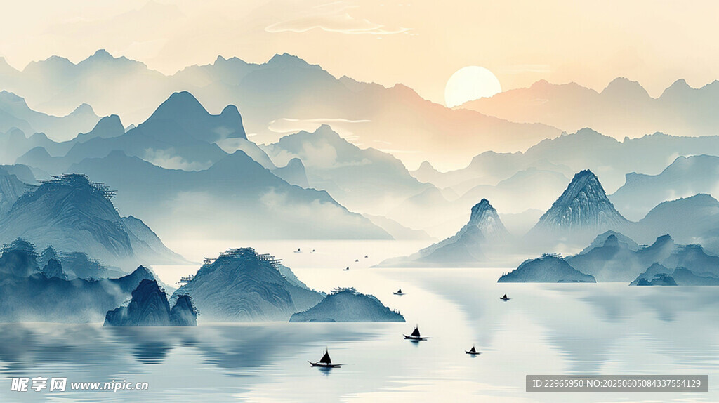山水间的静谧日出美景