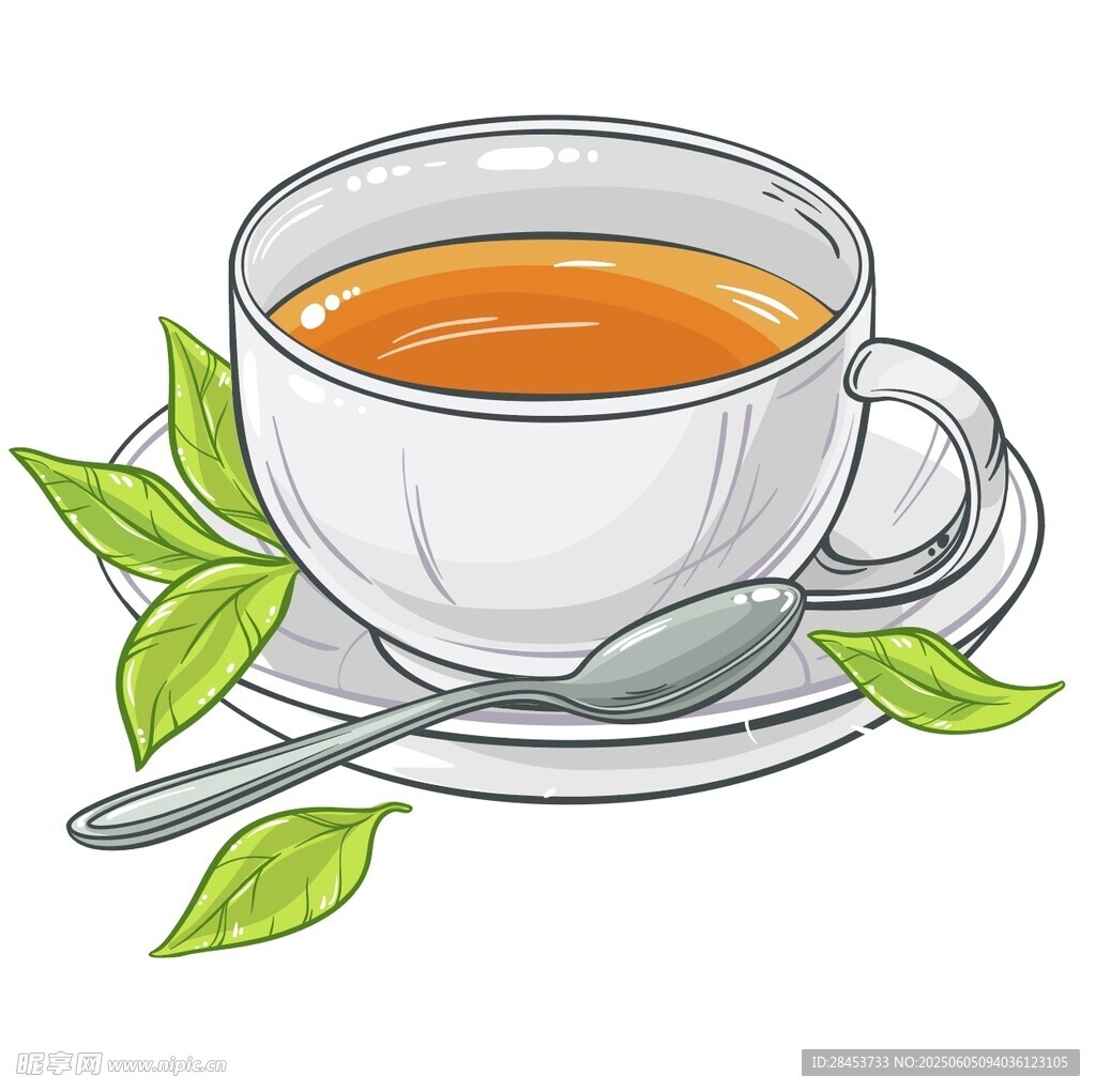一杯热茶配绿叶与银勺