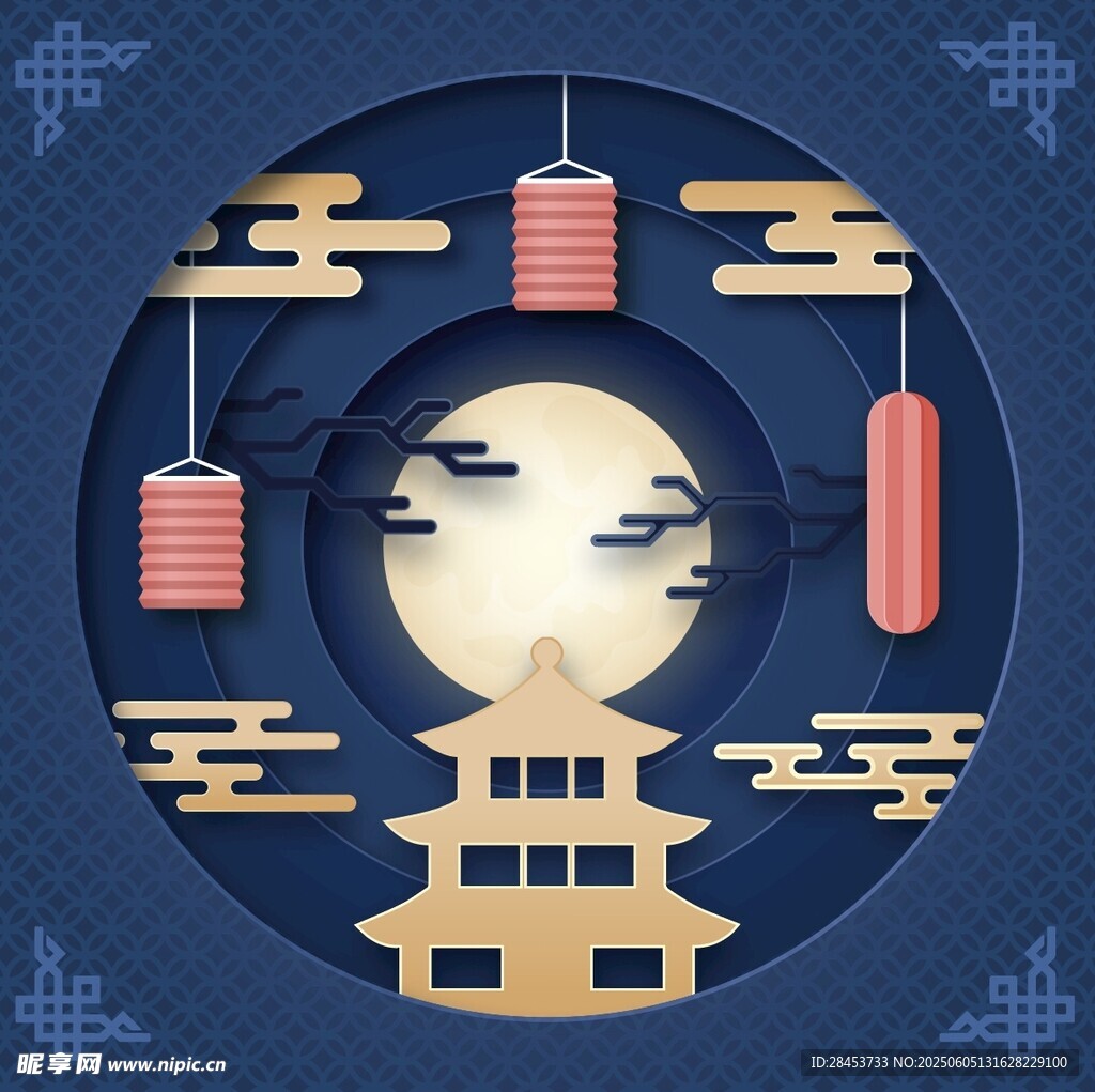 中秋月夜下的古风建筑