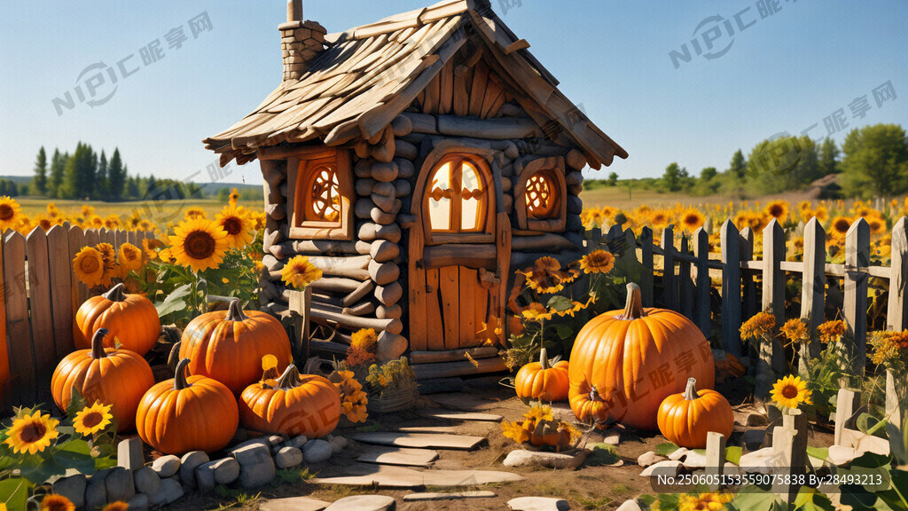 小木屋 南瓜 向日葵 栅栏
