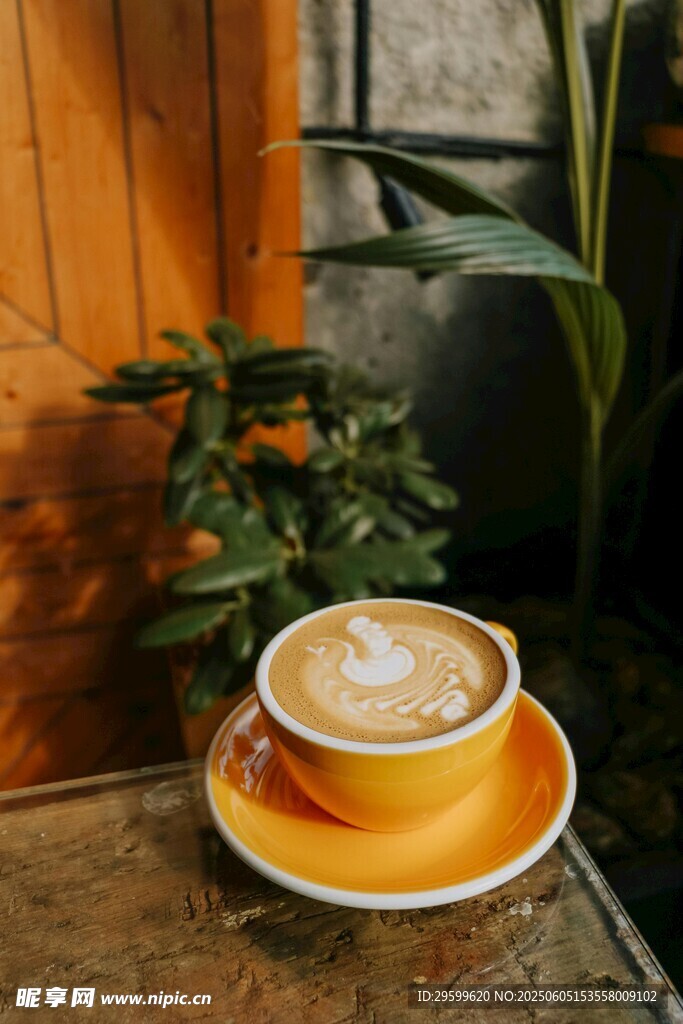 窗边精致拉花咖啡一杯