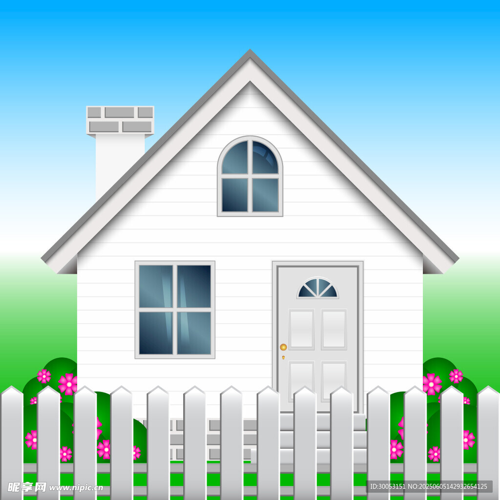 可爱白色小屋与围栏景观