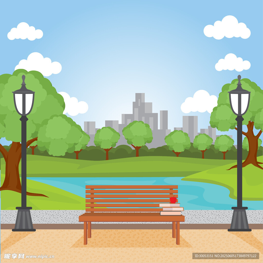 公园长椅旁的城市河畔风景