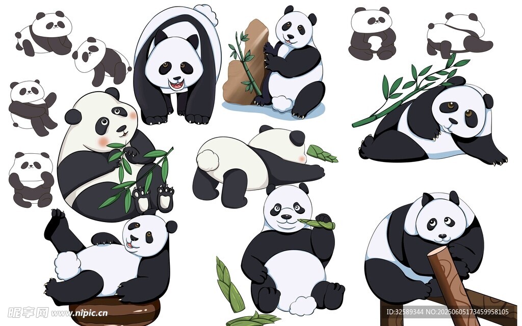 多样姿态的可爱熊猫集合