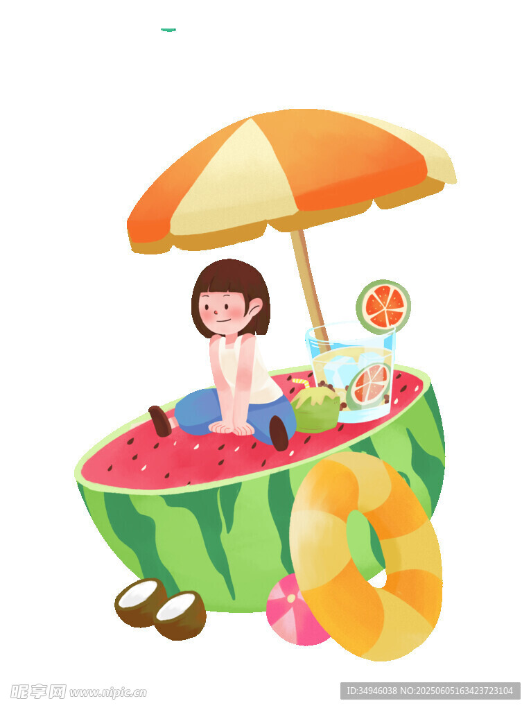 女孩在西瓜造型中享受夏日