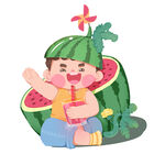 小孩坐在西瓜里开心喝果汁