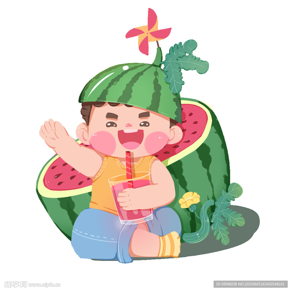 小孩坐在西瓜里开心喝果汁