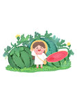 女孩在绿植间手持红扇玩耍