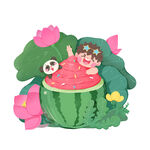 小孩躺西瓜中享受夏日时光