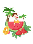 女孩坐在西瓜上享受夏日