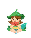 戴瓜帽吃西瓜的可爱女孩