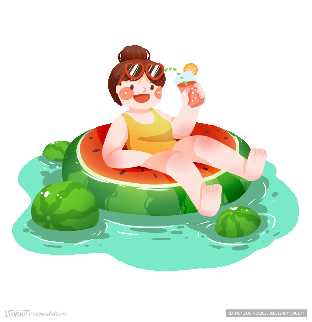 女孩惬意漂浮在西瓜浮垫上