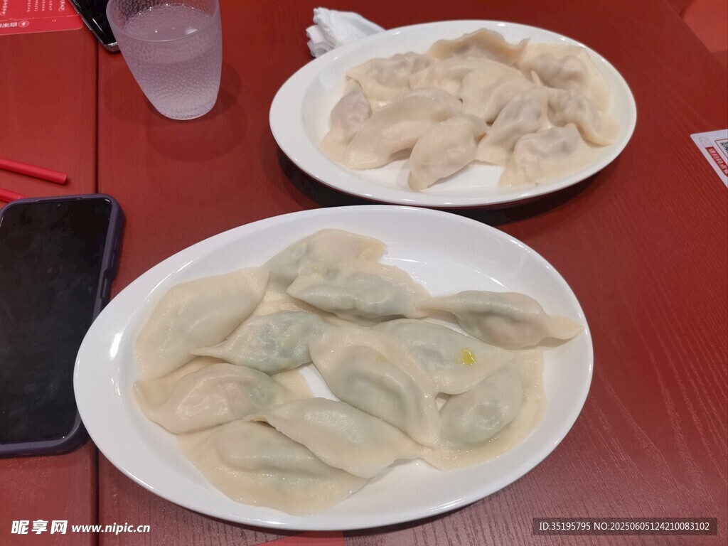 两盘美味饺子摆于桌前