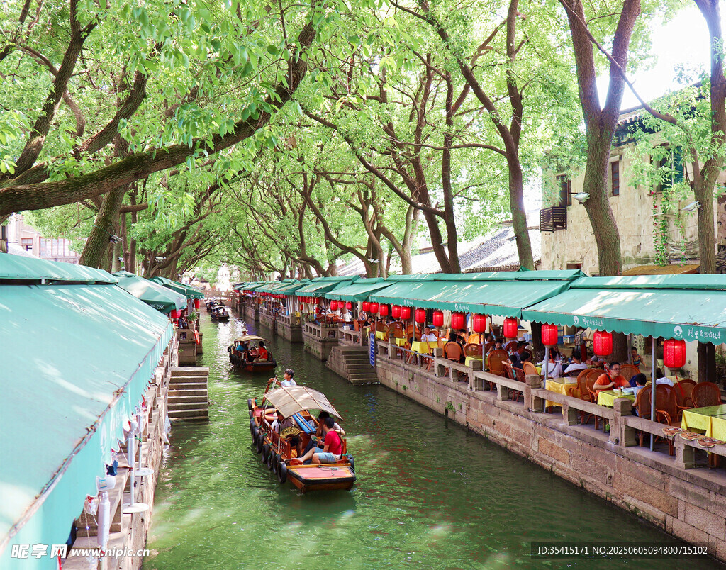 水乡河道游船绿荫下风景