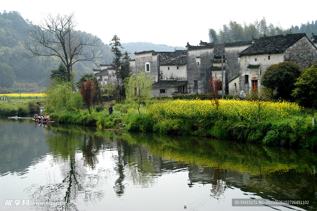 江南水乡村落河畔美景