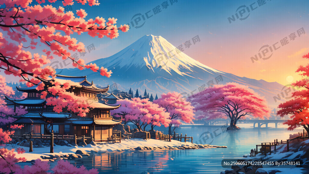 富士山 蓝天。樱花树。日式房子