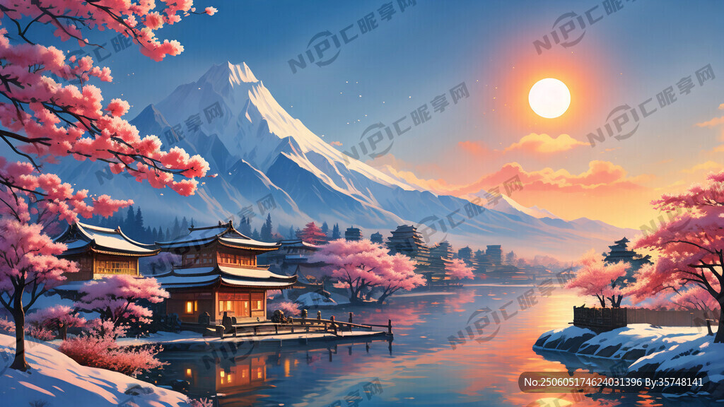 富士山 蓝天。樱花树。日式房子