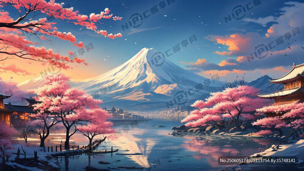 富士山 蓝天。樱花。日式房子 