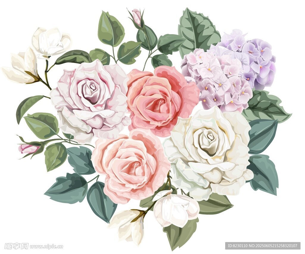 手绘多彩玫瑰花束插画