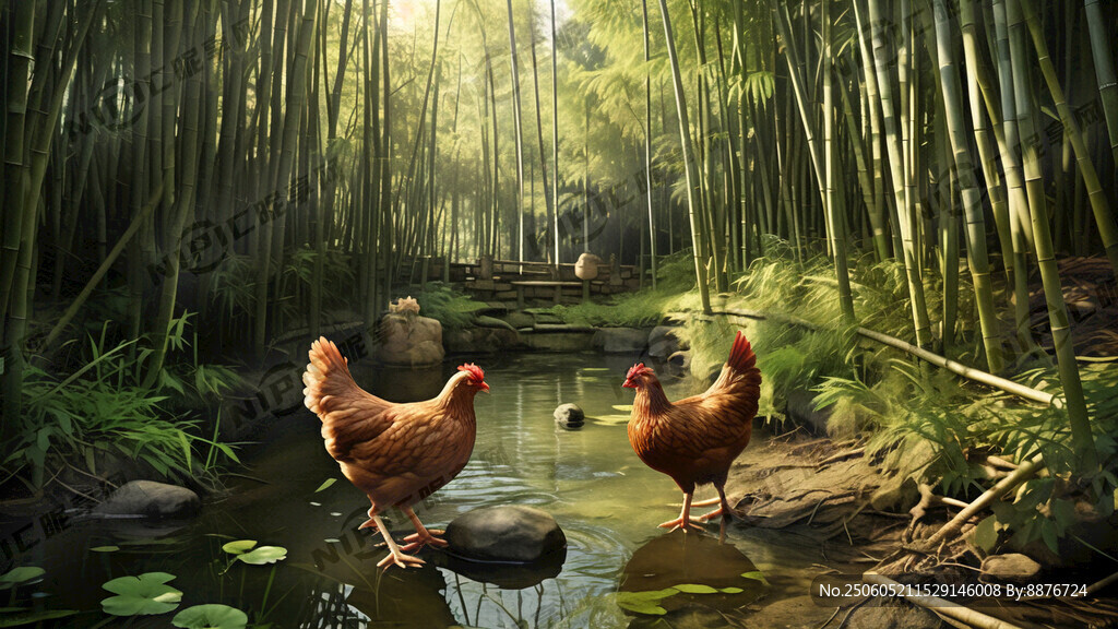 鸡 竹林 池塘