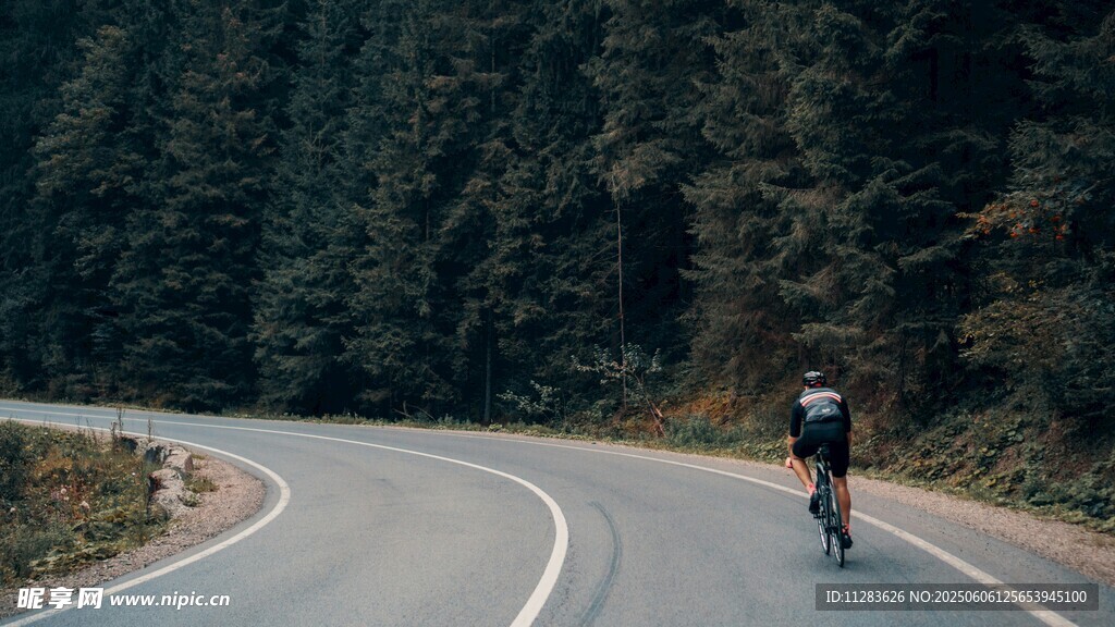 公路骑行者穿行山林间