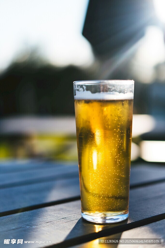 阳光下的一杯金黄啤酒