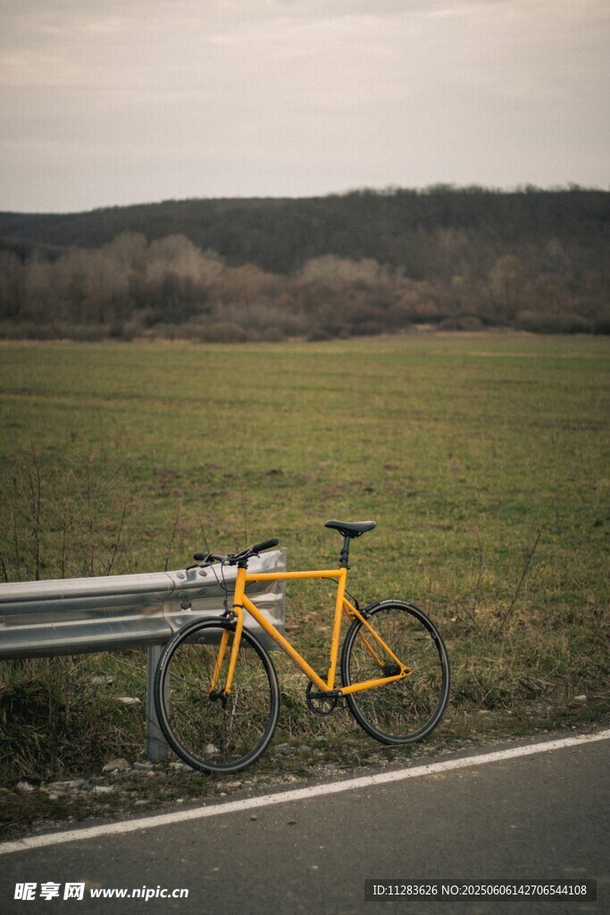 公路旁的黄色自行车