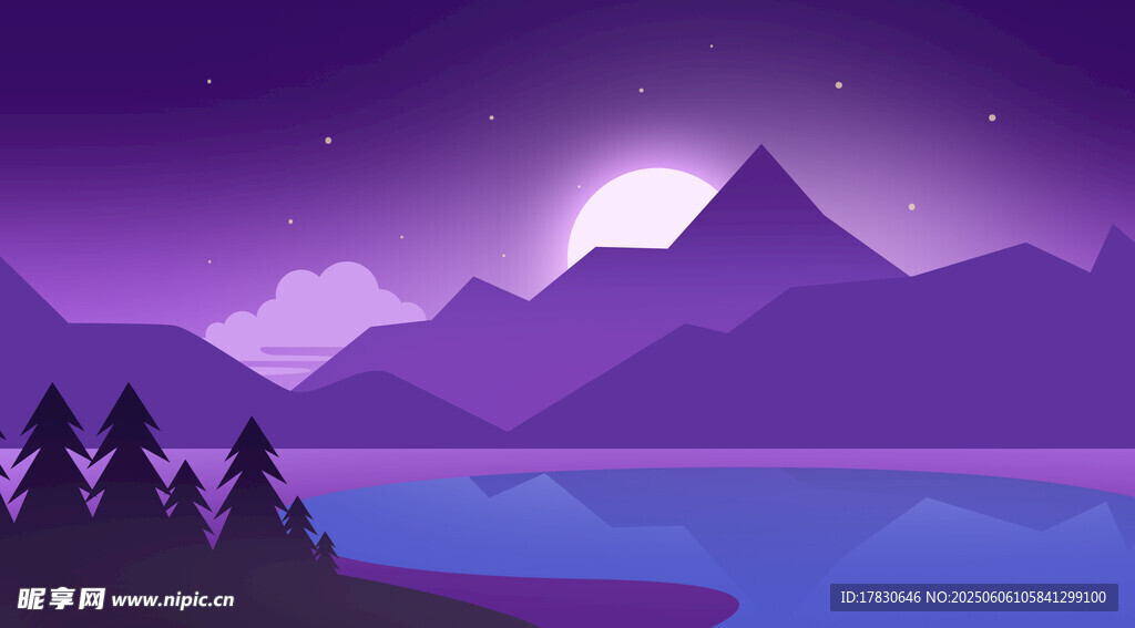梦幻月夜下的山水景致