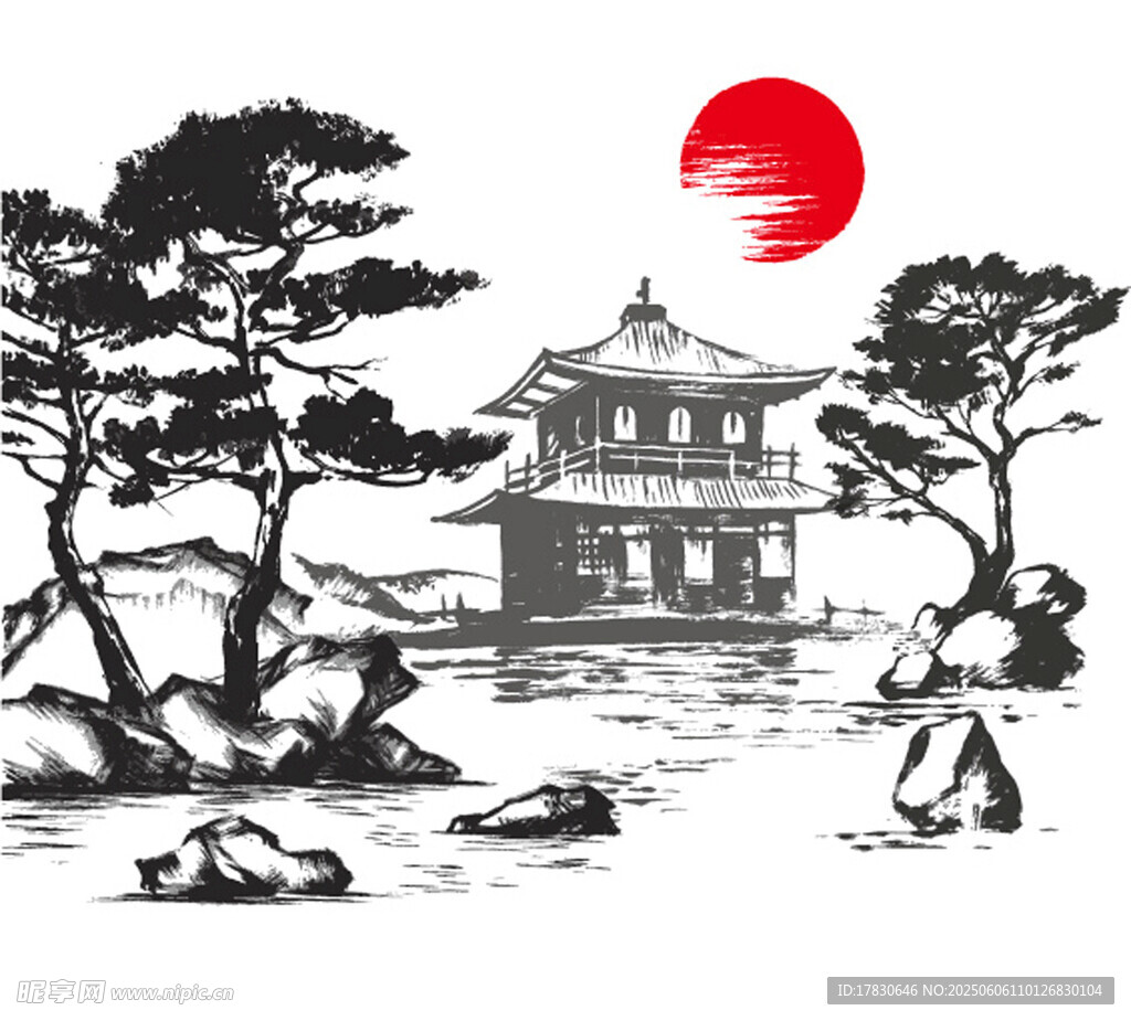 中式山水古建筑落日图景
