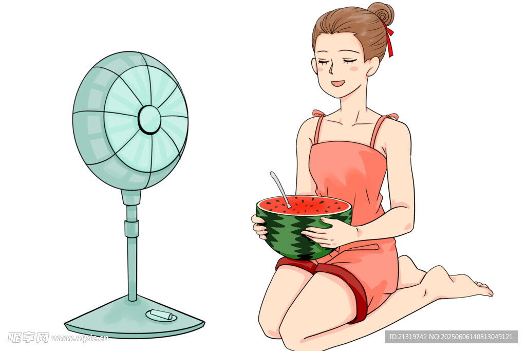 夏天吃西瓜吹风扇插画