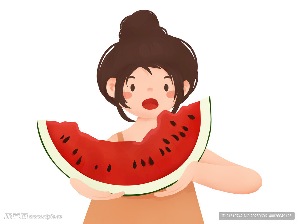 夏天吃西瓜吹插画