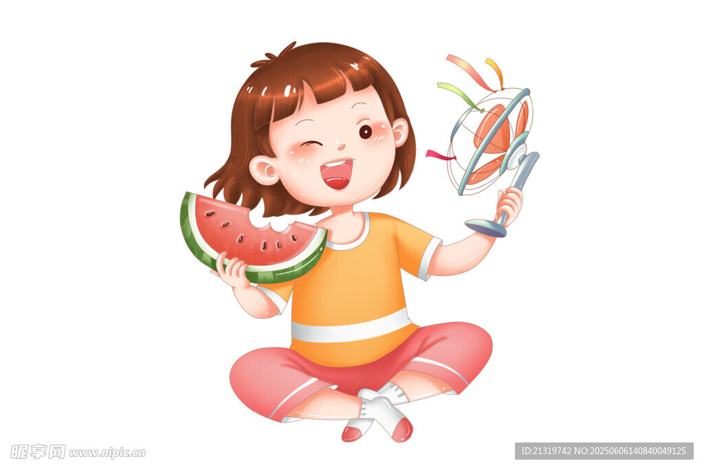 夏天吃西瓜吹风扇插画